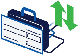 a check with a suitcase and up and down arrows