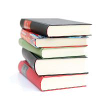 A stack of books (Links to Hicksville Bank Online education center)