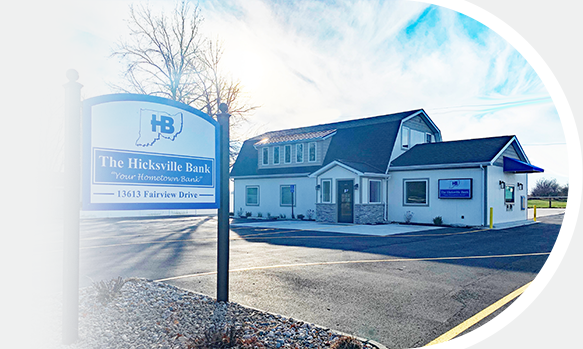 Hicksville Bank building at Grabill, IN on a sunny day